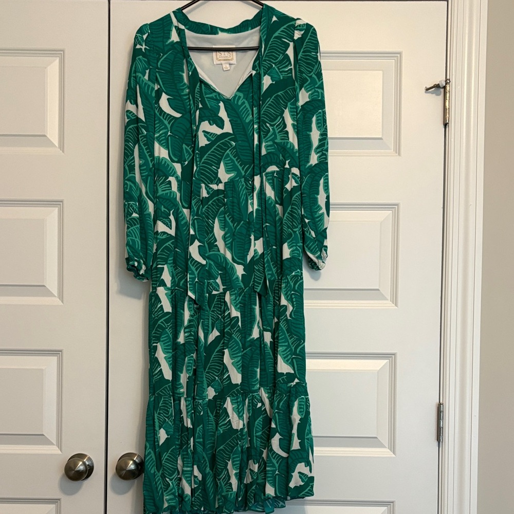Sail to sable tropical  Green Botanical Long Sleeve Dress small